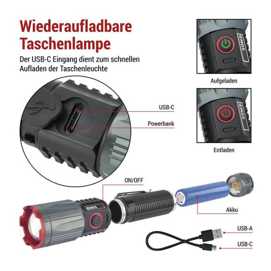 Emos LED Akku-Taschenlampe 1200lm Schwarz Metallicgrau Aluminium P3121