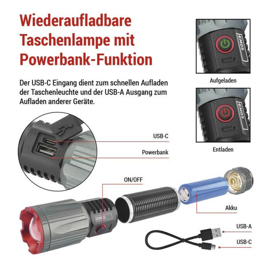 Emos LED Akku-Taschenlampe 3000lm Schwarz Metallicgrau Aluminium P3122