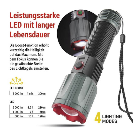 Emos LED Akku-Taschenlampe 3000lm Schwarz Metallicgrau Aluminium P3122