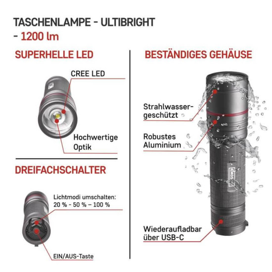 Emos LED Akku-Taschenlampe 1200lm Grau Aluminium P3190