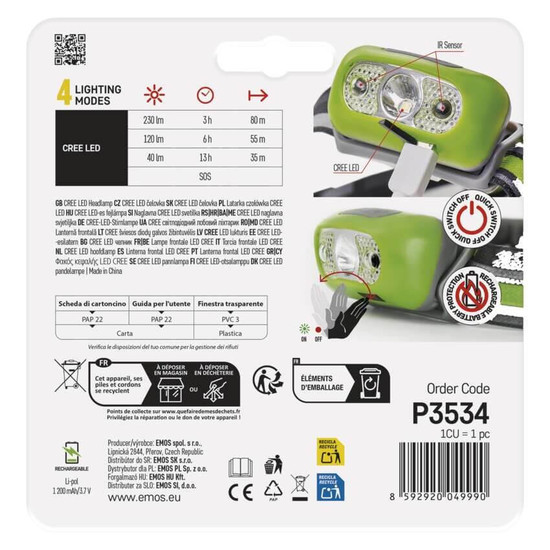 Emos LED Stirnlampe 230lm Akku Grün P3534