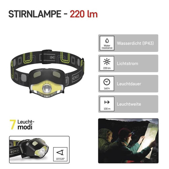 Emos LED Stirnlampe 220lm Schwarz P3536