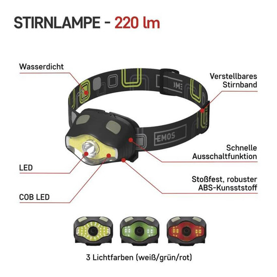 Emos LED Stirnlampe 220lm Schwarz P3536
