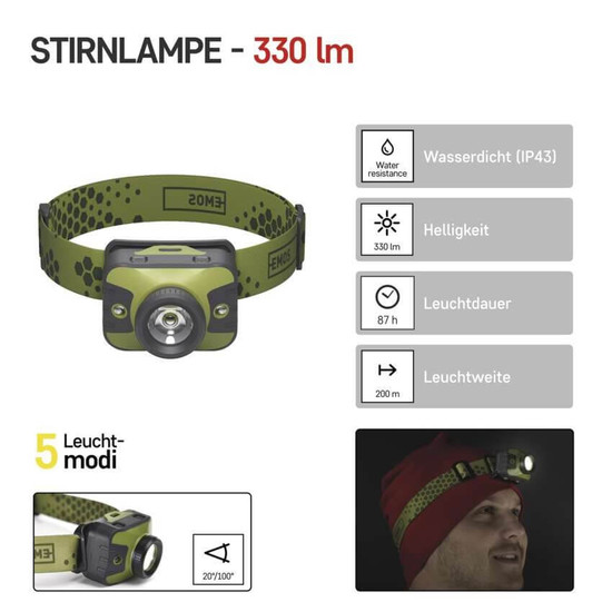 Emos LED Stirnlampe 330lm Grün-schwarz P3539