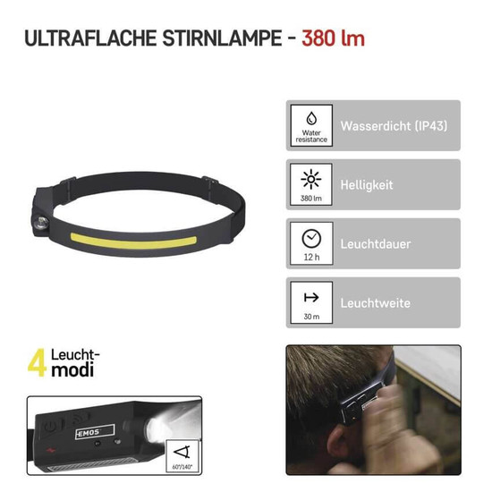 Emos LED Stirnlampe 380lm Akku Schwarz P3541