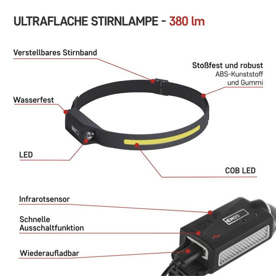 Emos LED Stirnlampe 380lm Akku Schwarz P3541