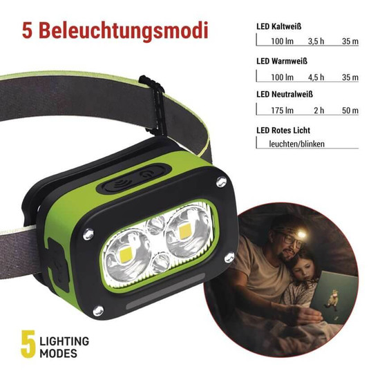 Emos LED Stirnlampe 175lm Akku Grün-schwarz P3545