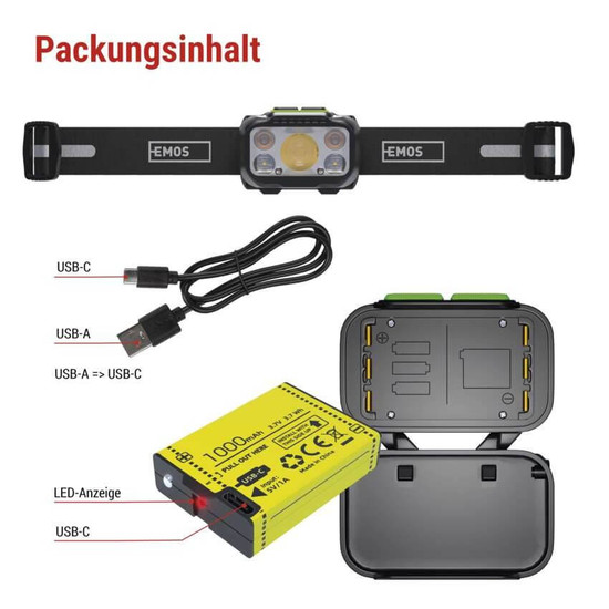 Emos LED Stirnlampe 550lm Akku Schwarz-grün P3546