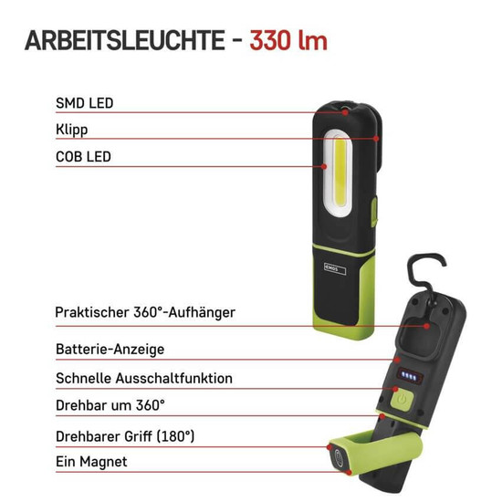 Emos LED Arbeitsleuchte 330lm Akku Grün-schwarz P4537