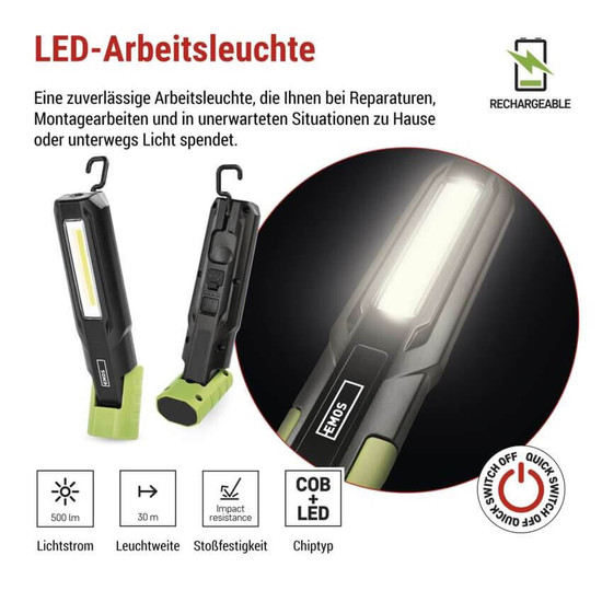 Emos LED Arbeitsleuchte 500lm Akku Grün-schwarz P4546