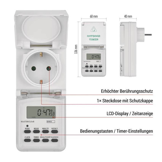 Emos Zeitschaltuhr digital IP44 für Außen 10 Programme P5525N