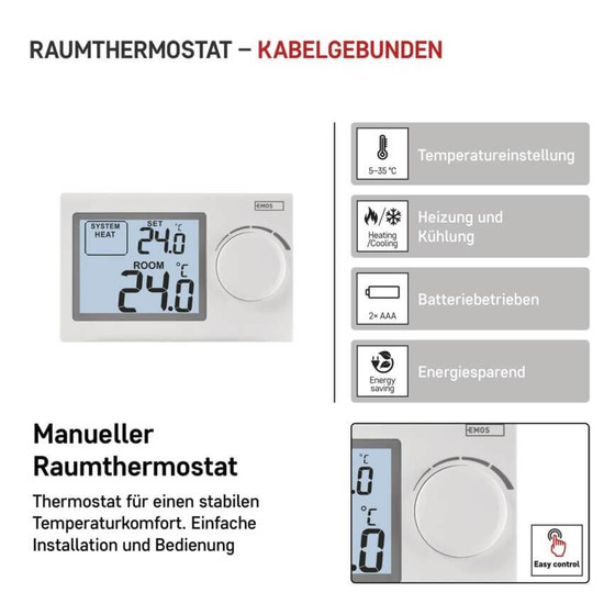 Emos Raumthermostat manuell verkabelt 5-35°C feste Hysterese P5604