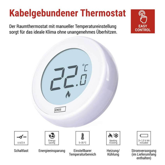 Emos Raumthermostat manuell verkabelt 5-35°C variable Hysterese P5608