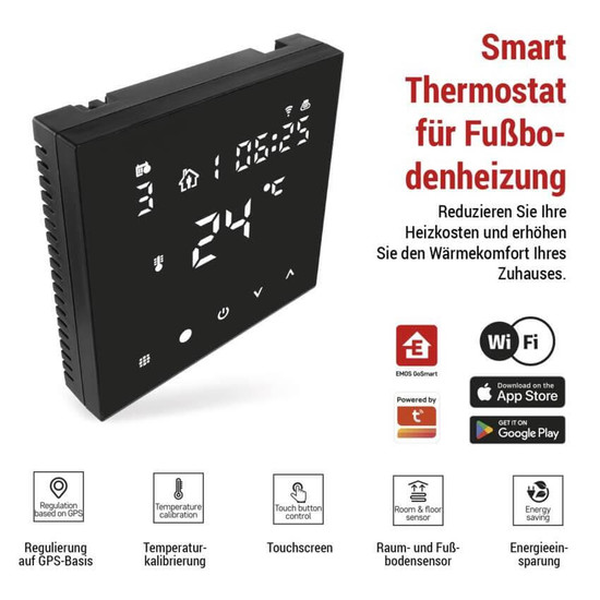 Emos Fußbodenheizungs-Thermostat GoSmart Fußbodenheizung Unterputz WiFi mit Batteriepufferung P56201BUF