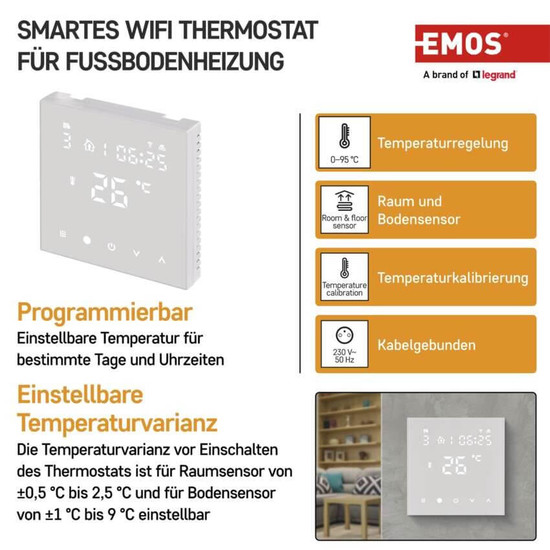 Emos Fußbodenheizungs-Thermostat GoSmart Fußbodenheizung Unterputz WiFi 1-70°C P56201UF