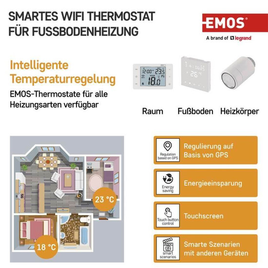 Emos Fußbodenheizungs-Thermostat GoSmart Fußbodenheizung Unterputz WiFi 1-70°C P56201UF