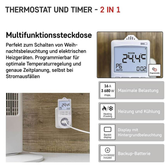 Emos Steckdosenthermostat 2in1 mit digitaler Zeitschaltuhr Schutzkontakt P5660SH