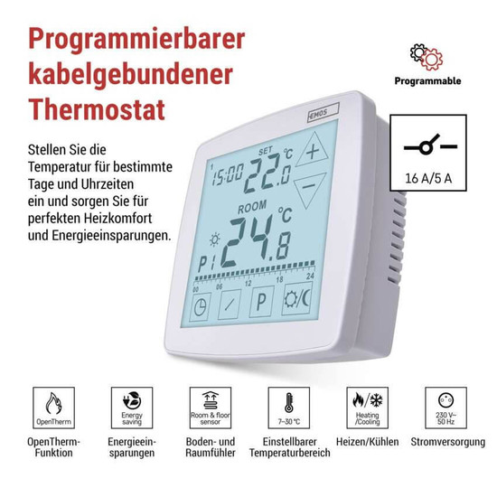 Emos Raumthermostat OpenTherm programmierbar verkabelt Fußbodenheizung P56A01