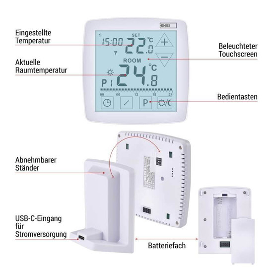 Emos Raumthermostat OpenTherm programmierbar kabellos 7-30°C 0,1°C P56A11