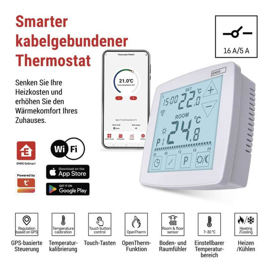 Emos Raumthermostat GoSmart WiFi programmierbar verkabelt 7-30°C P56S01