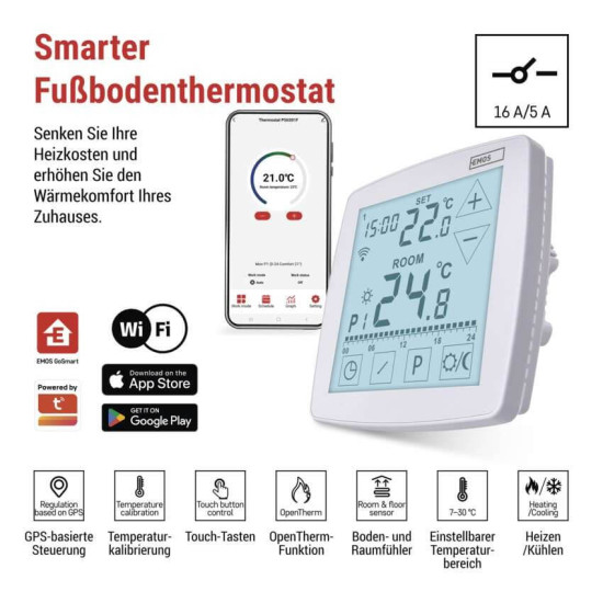 Emos Fußbodenheizungs-Thermostat GoSmart Fußbodenheizung WiFi programmierbar verkabelt P56S01F