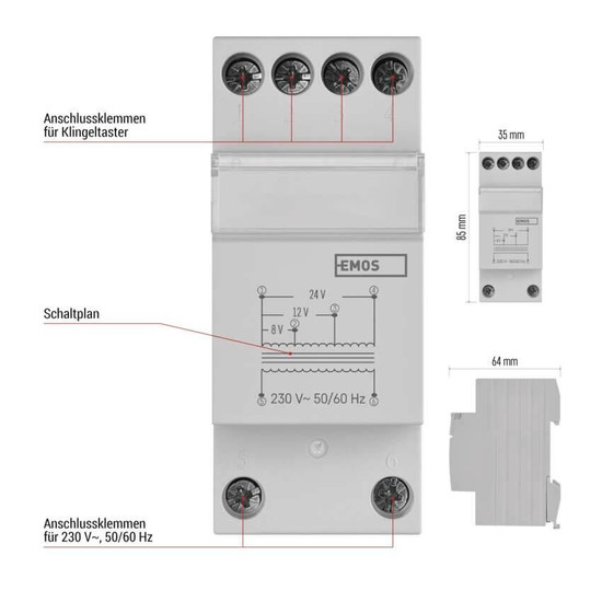 Emos Klingeltransformator 8/12/24V 0,3A für Türklingeln P57000TR