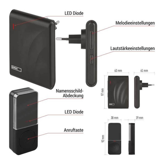 Emos Funkklingel netzbetrieben 150m 5 Stufen 100dB P5727N