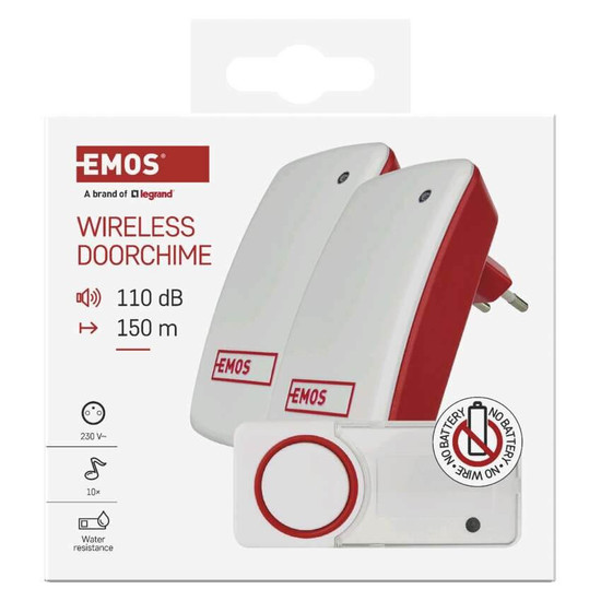 Emos Funkklingel batterielose Taste 150m 2 Empfänger P5750.2R