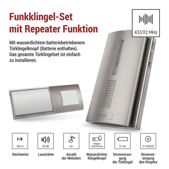 Emos Funkklingel 3x AA Signalverstärker 180m P5763N