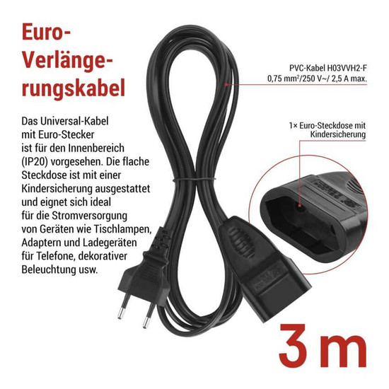 Emos Verlängerungskabel Typ E 3m 2,5A Schwarz PC01303