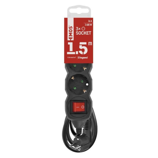 Emos Steckdosenleiste 3-fach mit Schalter 1,5m Schwarz PVC PC1321R