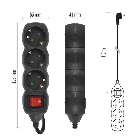 Emos Steckdosenleiste 3-fach mit Schalter 1,5m Schwarz PVC PC1321R