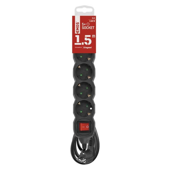 Emos Steckdosenleiste 5-fach mit Schalter 1,5m Schwarz PVC PC1521R