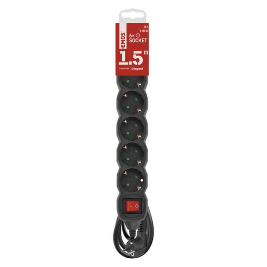 Emos Steckdosenleiste 6-fach mit Schalter 1,5m Schwarz PVC PC1621R