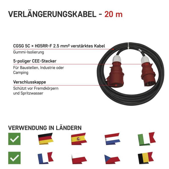 Emos Verlängerungskabel Außen CEE 5x16A 20m IP44 Gummi PM0904