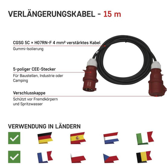 Emos Verlängerungskabel Außen CEE 5x32A 15m IP44 Gummi PM1103