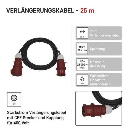 Emos Verlängerungskabel Außen CEE 5x32A 25m IP44 Gummi PM1105
