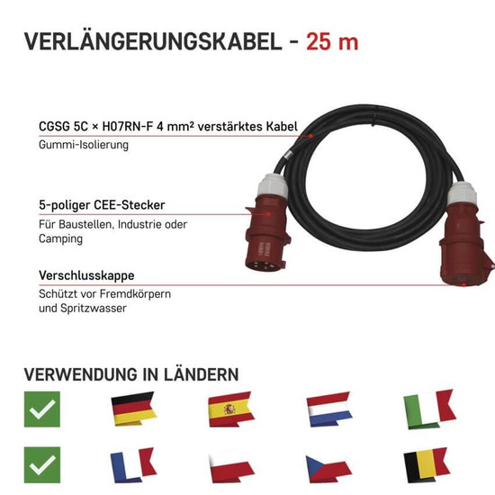 Emos Verlängerungskabel Außen CEE 5x32A 25m IP44 Gummi PM1105