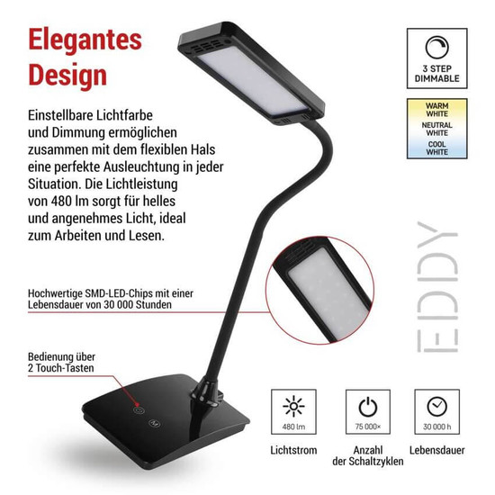 Emos LED Schreibtischleuchte 6W CCT warm-/neutral-/tageslichtweiss 3000K/4500K/6800K Schwarz 17x10,5cm Z7599B