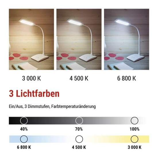 Emos LED Schreibtischleuchte 6W CCT warm-/neutral-/tageslichtweiss 3000K/4500K/6800K Weiß 17x10,5cm Z7599W