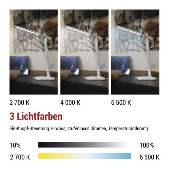 Emos LED Schreibtischleuchte 7,2W CCT warm-/neutral-/tageslichtweiss 2700K/4000K/6500K Weiß 37x34cm Z7619W
