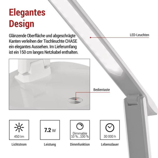 Emos LED Schreibtischleuchte 7,2W CCT warm-/neutral-/tageslichtweiss 2700K/4000K/6500K Weiß 37x34cm Z7619W