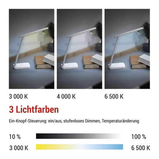 Emos LED Schreibtischleuchte 6W CCT warm-/tageslichtweiss 3000K/6500K Akku Weiß 25x24cm Z7631