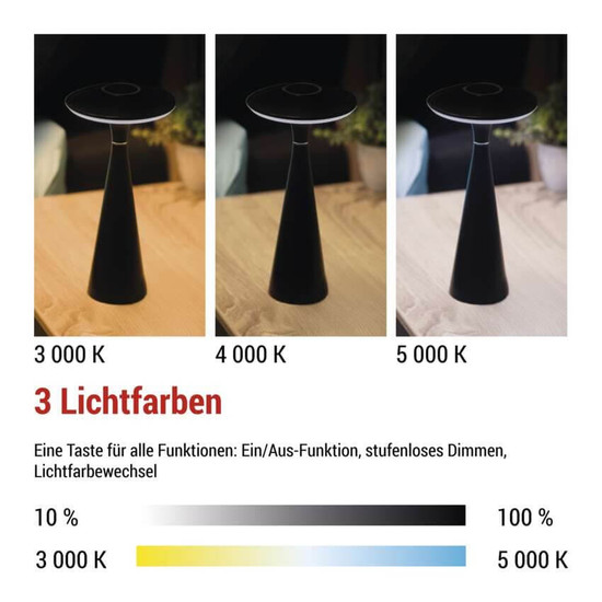 Emos LED Schreibtischleuchte 2,2W CCT warm-/neutralweiss 3000K/4000K/5000K Akku IP44 Schwarz 27x13cm Z7633