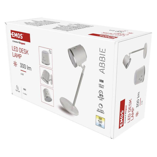 Emos LED Schreibtischleuchte 6W CCT warm-/neutral-/tageslichtweiss 3000K/4000K/6500K Akku Weiß Aluminium 25x10cm Z7636W