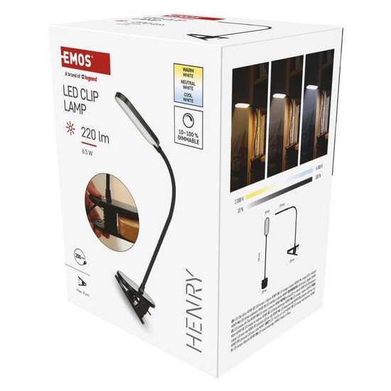 Emos LED Klemmleuchte 6,5W CCT warm-/tageslichtweiss 3000K/6500K dimmbar Schwarz Z7643B
