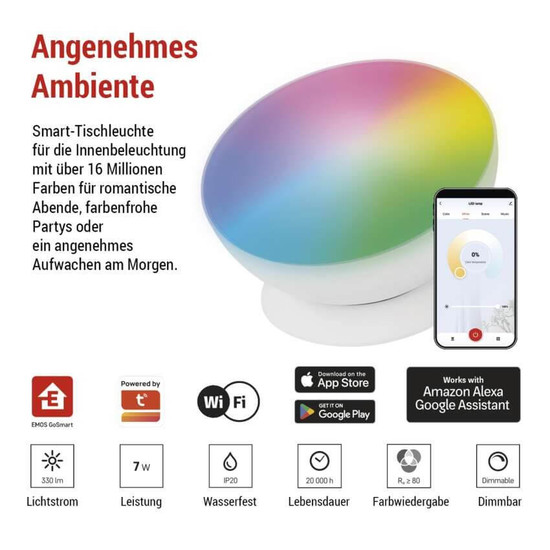 Emos LED Tischleuchte GoSmart RGB 7W CCT warm-/tageslichtweiss 3000K/6500K WiFi Weiß ZCW11WR