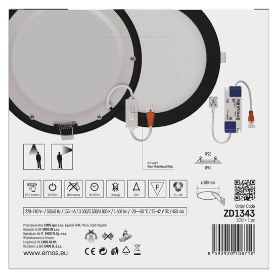 Emos LED Einbaustrahler Nexxo 18W CCT warm-/neutralweiss 3000K/3500K/4000K Schwarz Aluminium Ø22,5cm ZD1343