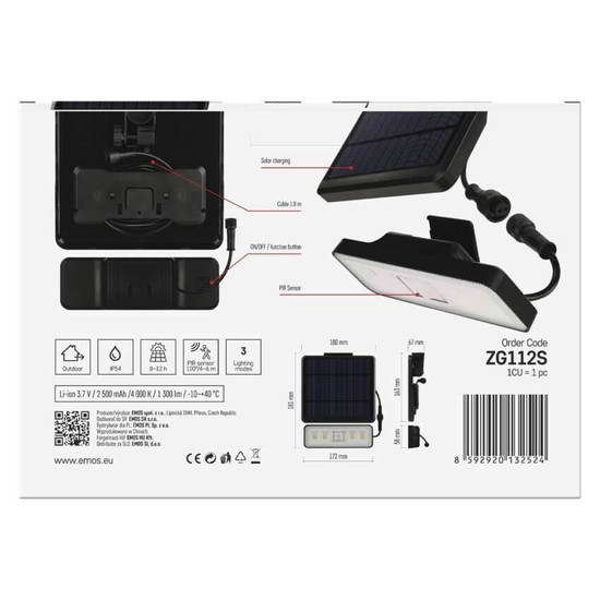 Emos LED Solar-Fluter Sunno 1300lm neutralweiss 4000K Bewegungsmelder Akku IP54 Schwarz 18x18cm ZG112S