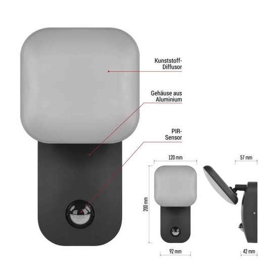 Emos LED Gartenstrahler Nika 12,8W warmweiss 3000K Bewegungsmelder IP44 Anthrazit Aluminium 12x12cm ZGE044L
